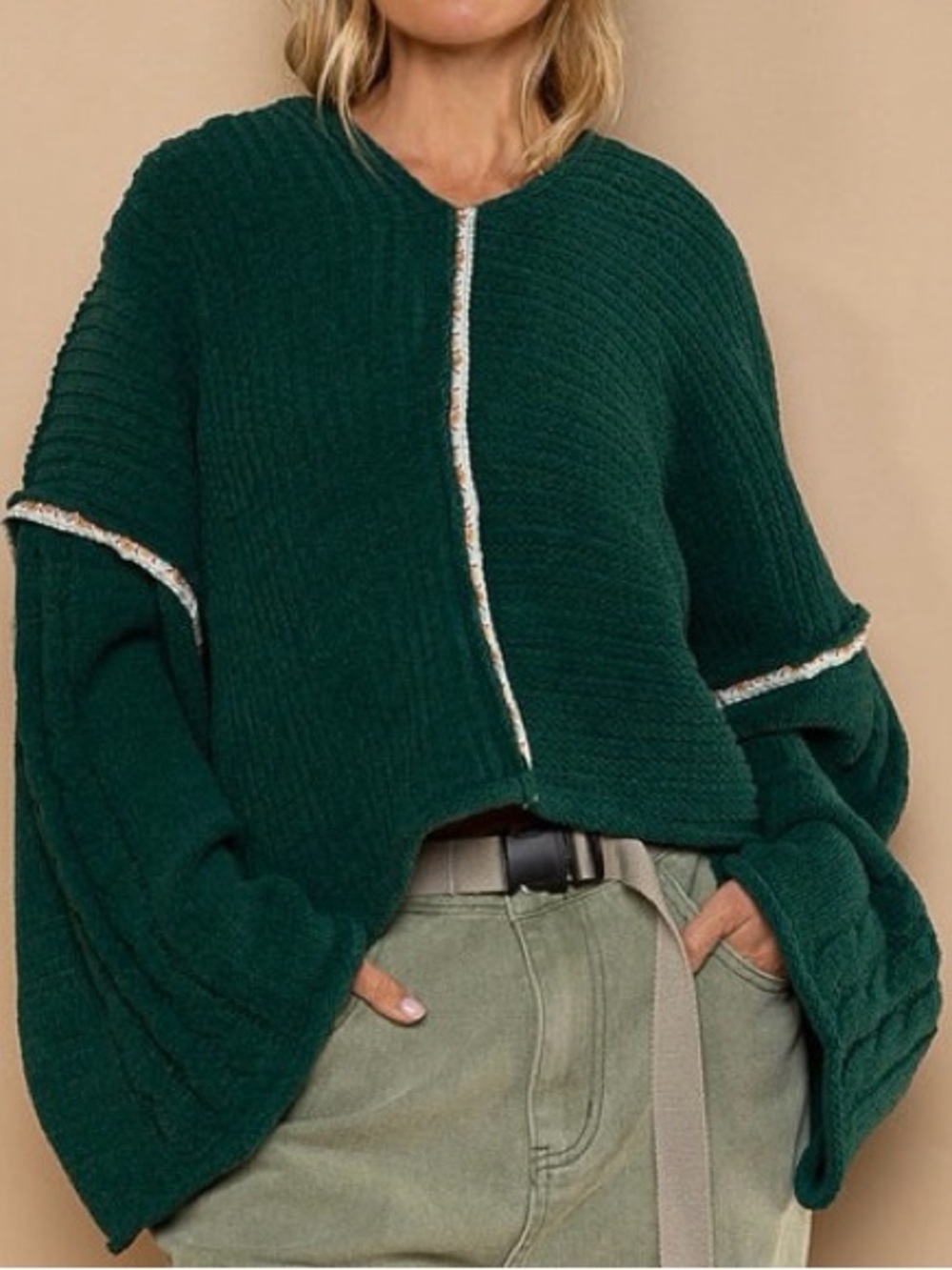 POL Oversized Cropped Emerald Green Knit Hoodie Size L